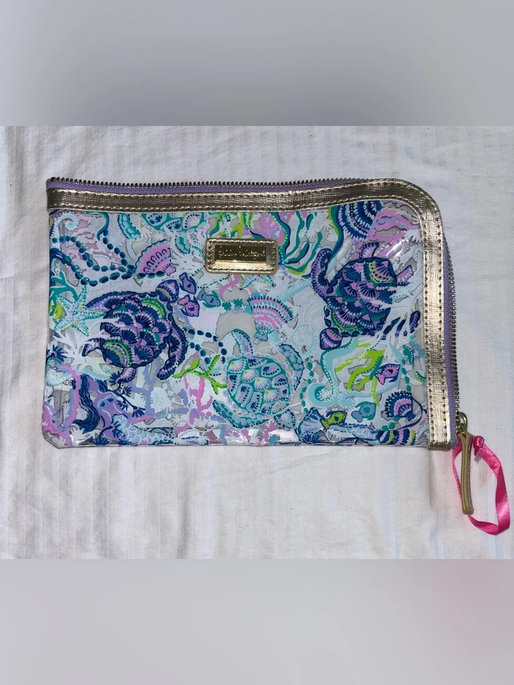 LILLY PULITZER Clear Zippered Storage Pouch Purple, Teal Sea Turtles O/S